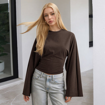 Women's Solid Batwing Long Sleeve Cinched Waist Crop Top