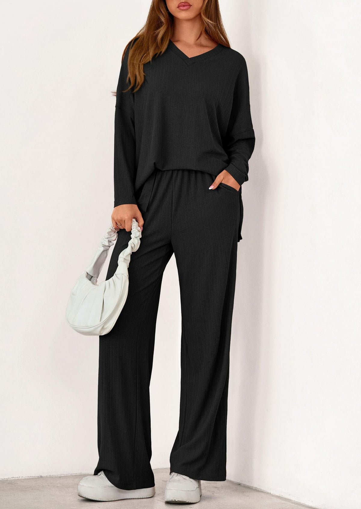 Women's Two Piece Ribbed Lounge Set Wide Leg Pants