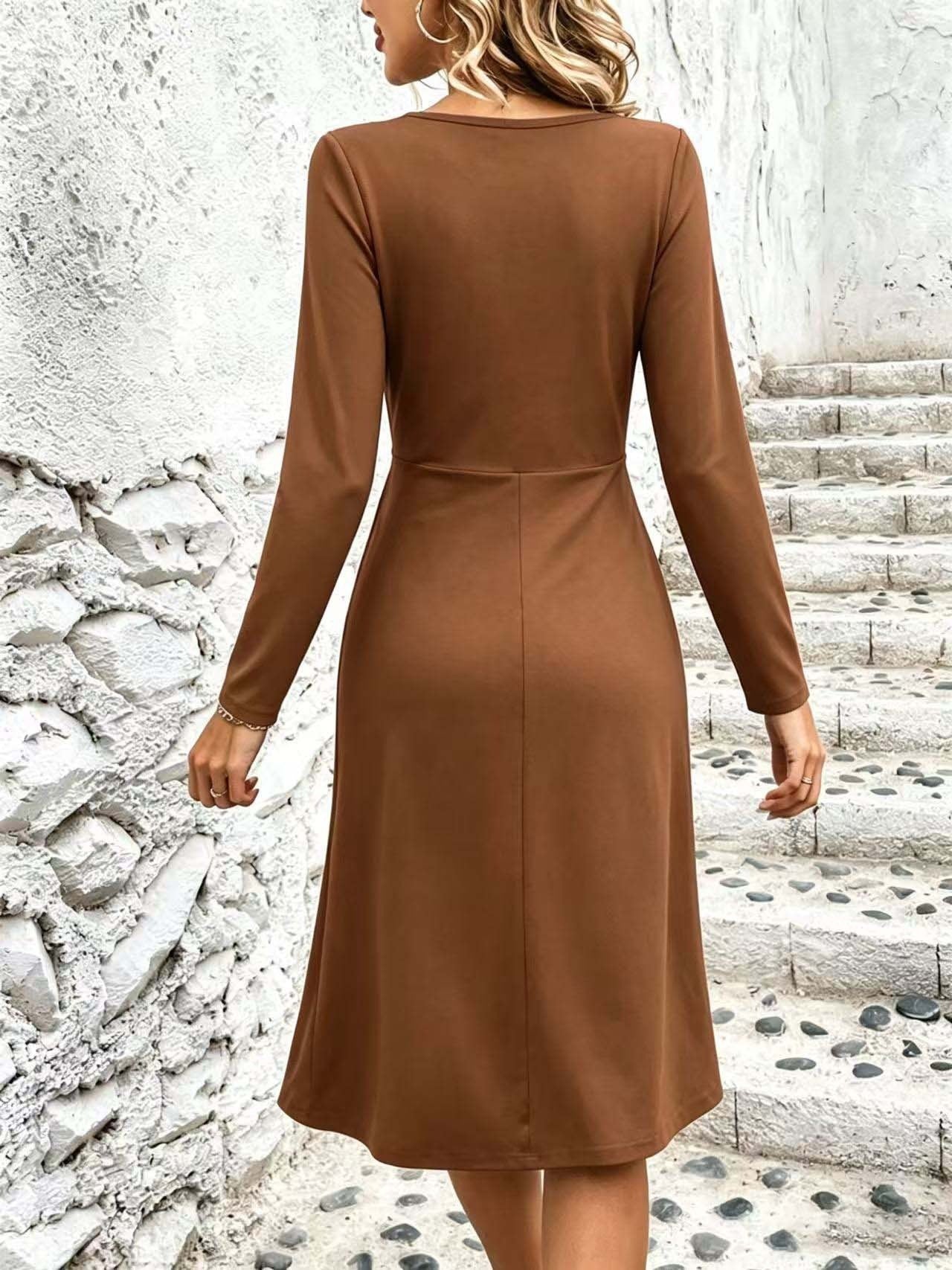 Women's V-Neck Long Sleeve Twist Front A-Line Midi Dress