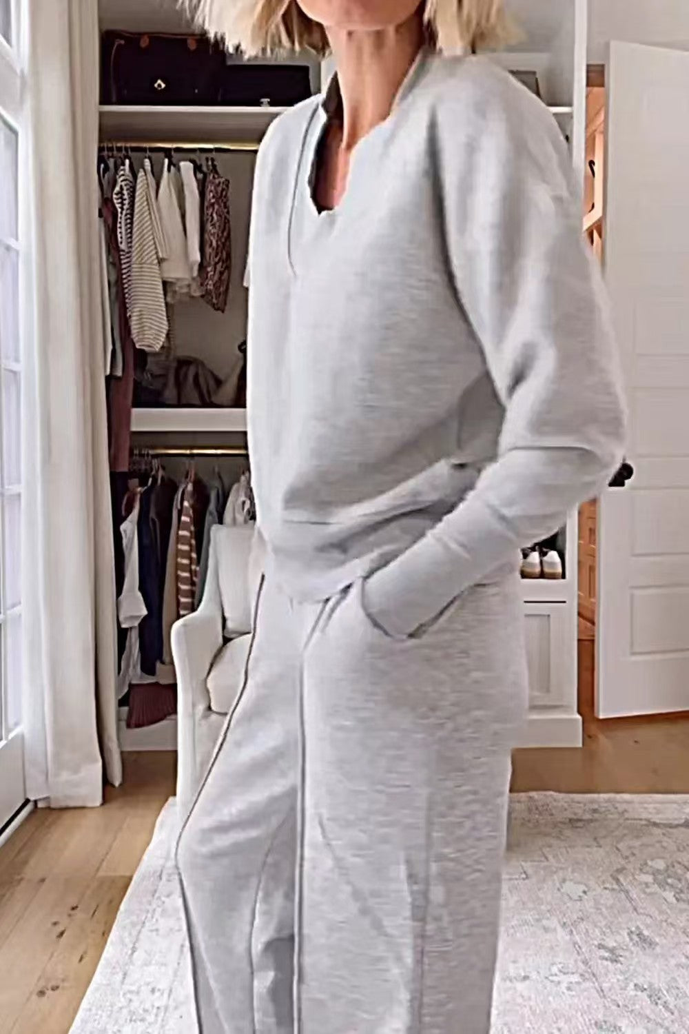 V Neck Two Piece Lounge Set Wide Leg Pants