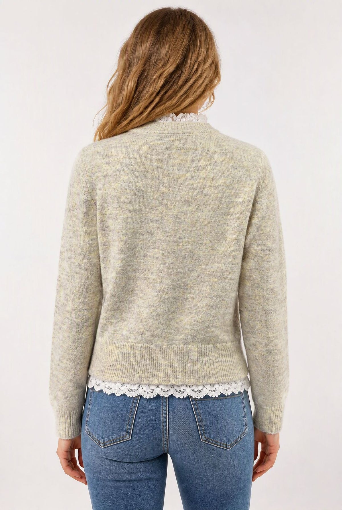 Women's Lace Bow Pearl Button Cropped Knit Cardigan