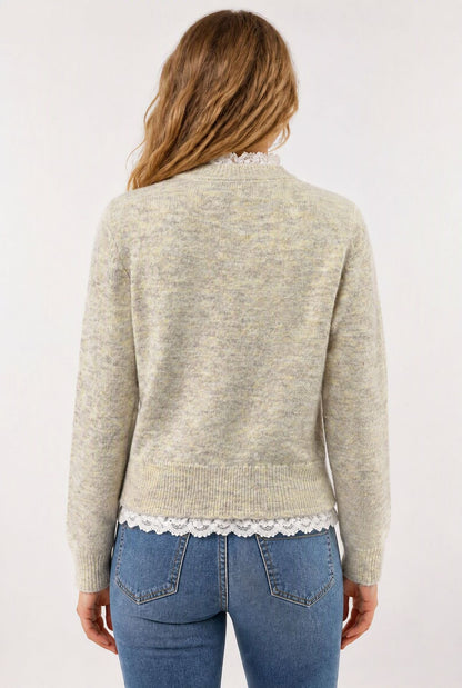 Women's Lace Bow Pearl Button Cropped Knit Cardigan