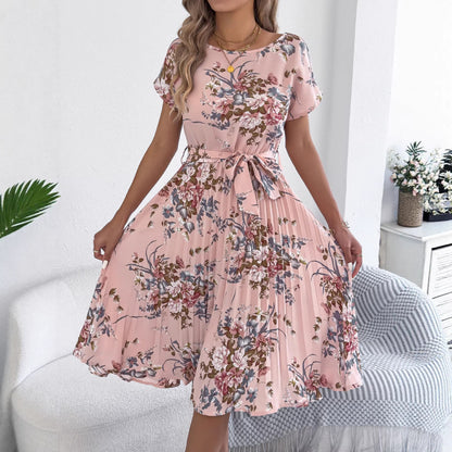 Floral Pleated Midi Dress with Tie Waist for Women