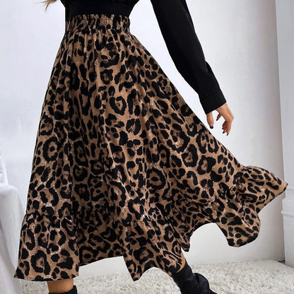 Leopard Print High Waist Flowy Tiered Midi Skirt