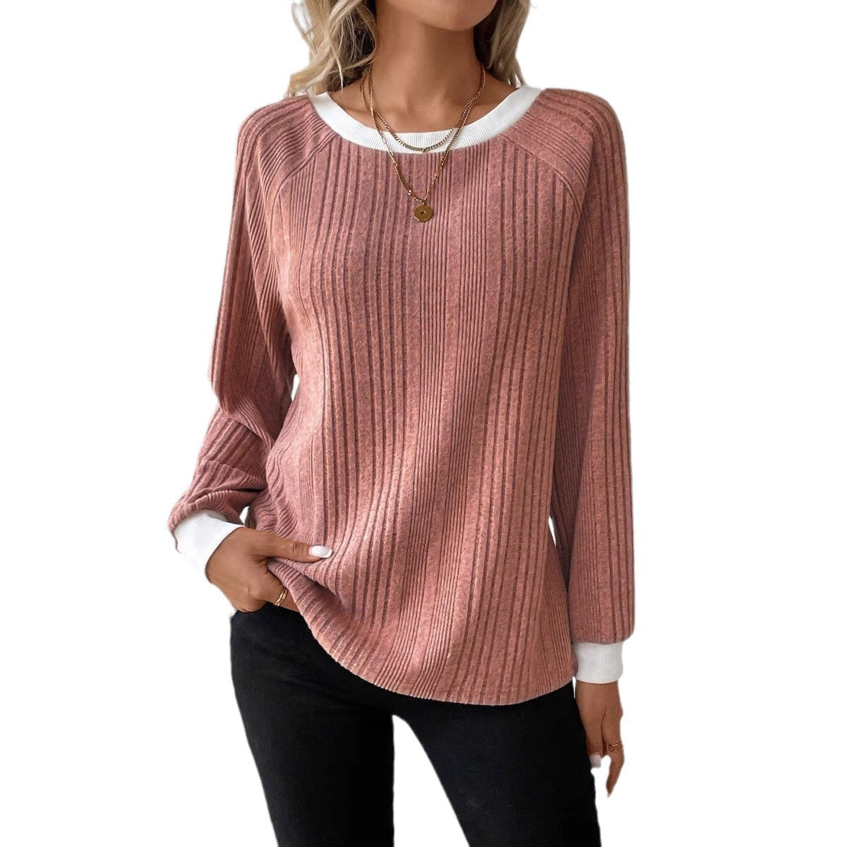 Women's Ribbed Crew Neck Long Sleeve Pullover Sweater