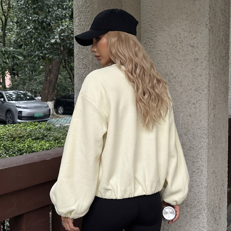 Solid Zip Up Bomber Jacket Cropped Relaxed Fit