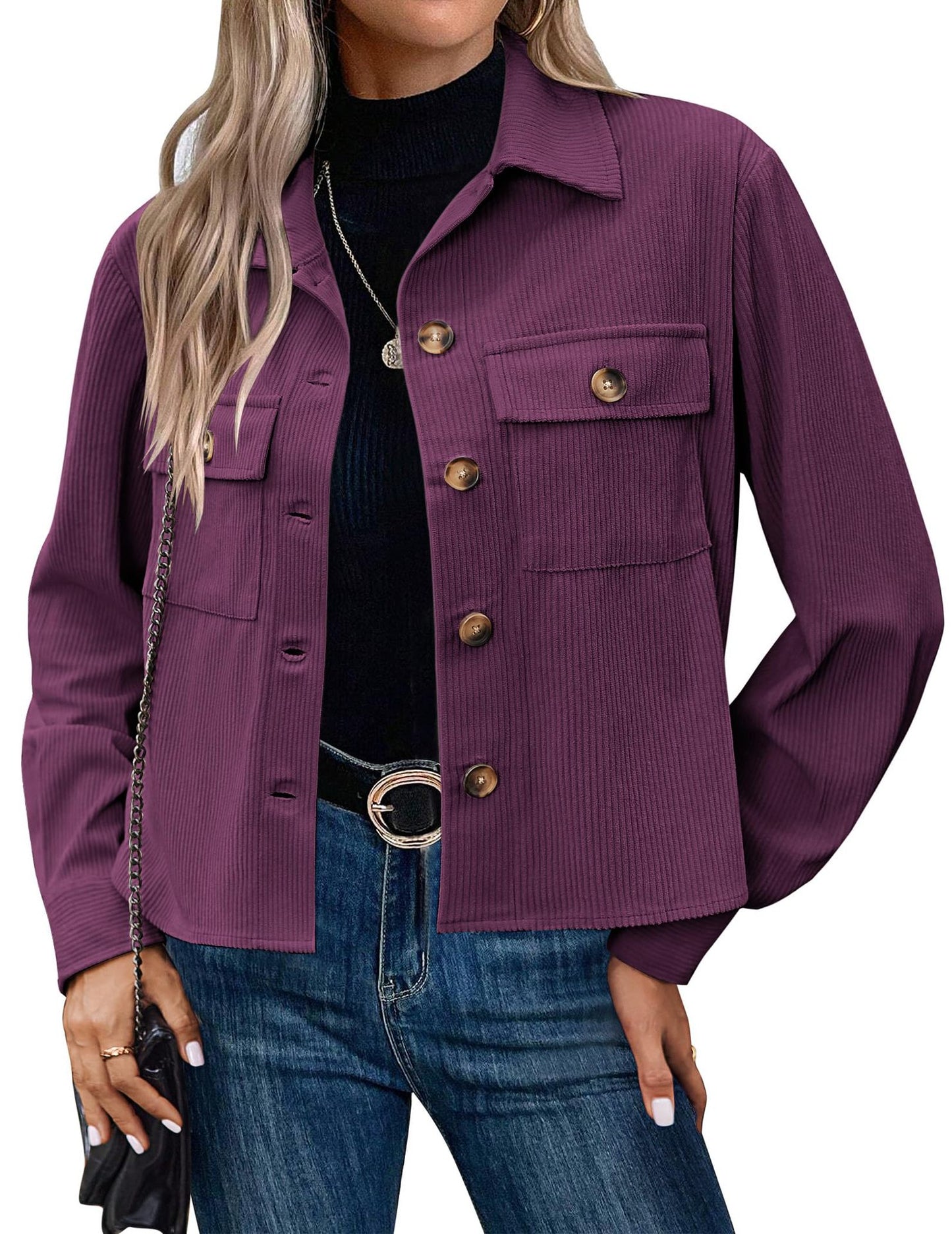 Women's Corduroy Cropped Shacket Button Down Jacket