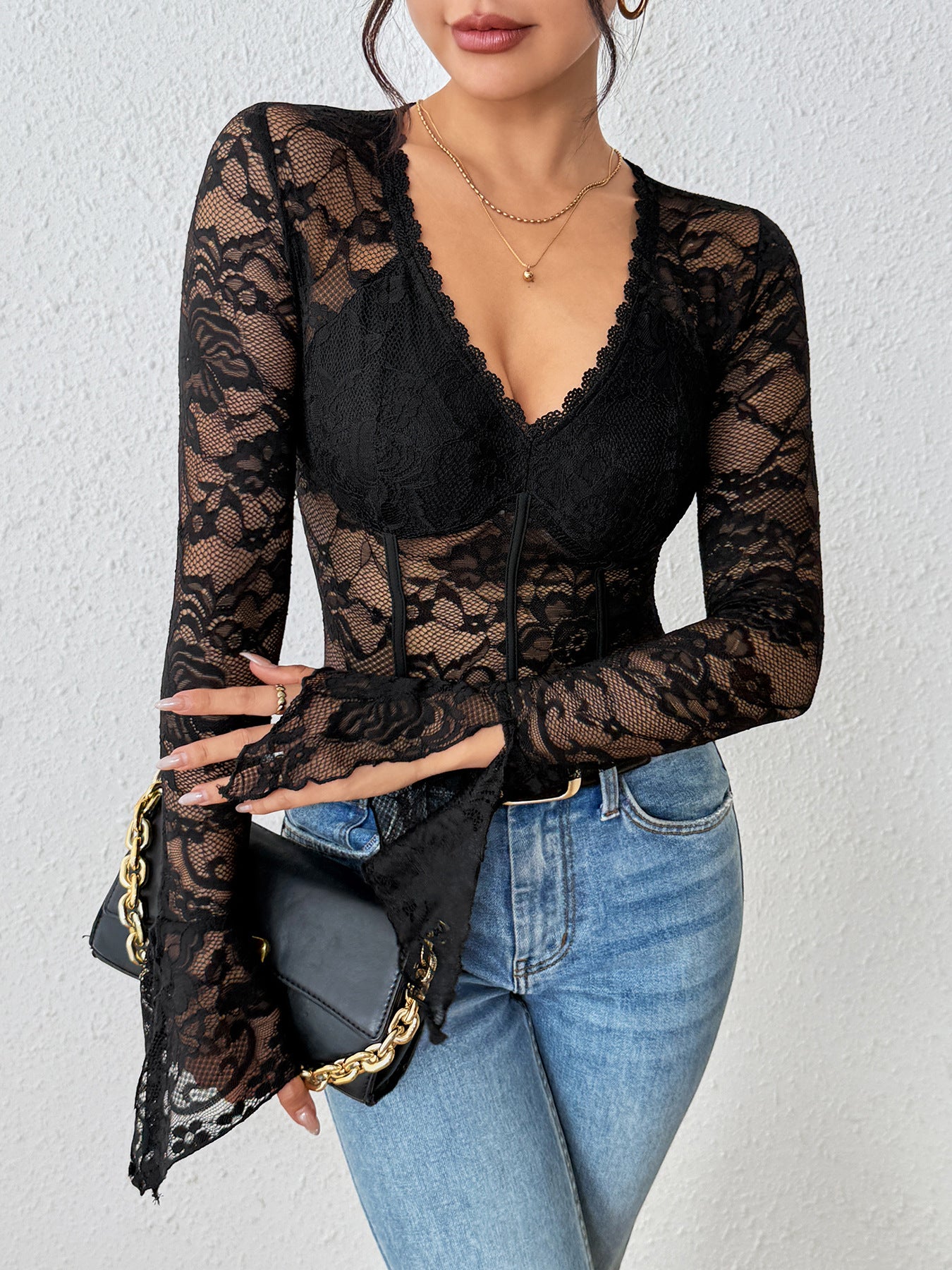 Black Lace Bodysuit V Neck Long Sleeve Sexy Top