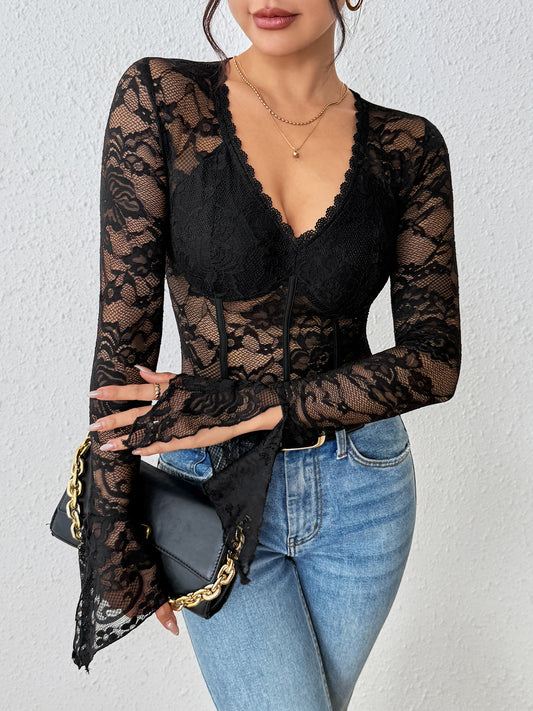 Black Lace Bodysuit V Neck Long Sleeve Sexy Top