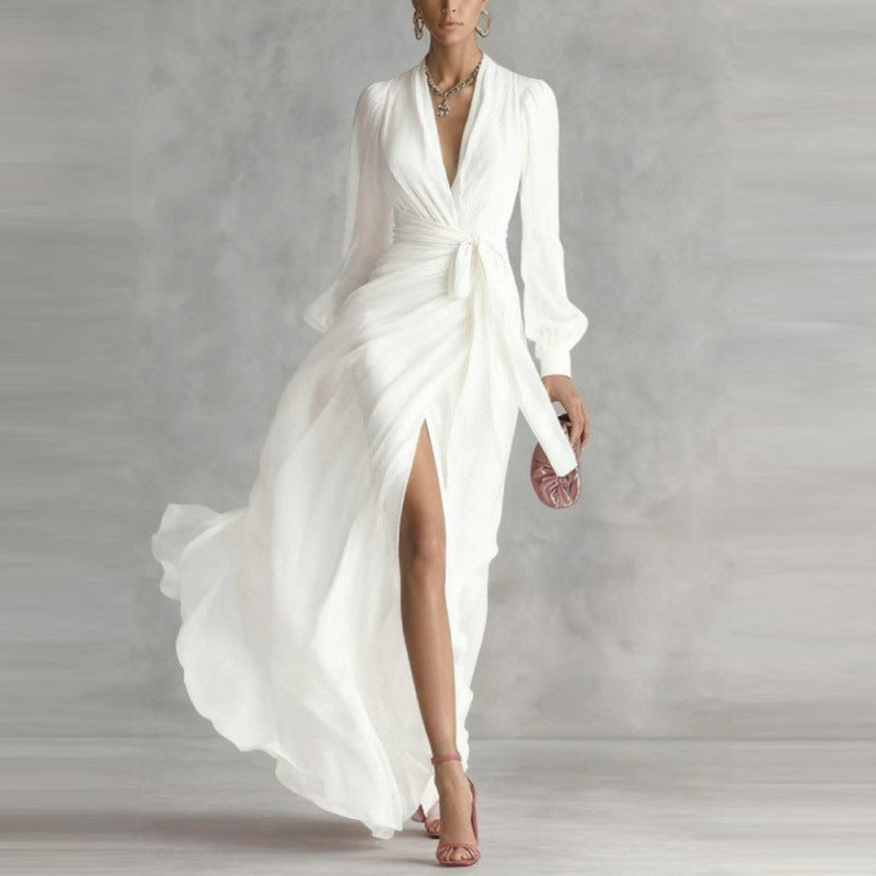 V-Neck Puff Sleeve Tie Waist High Slit Maxi Dress