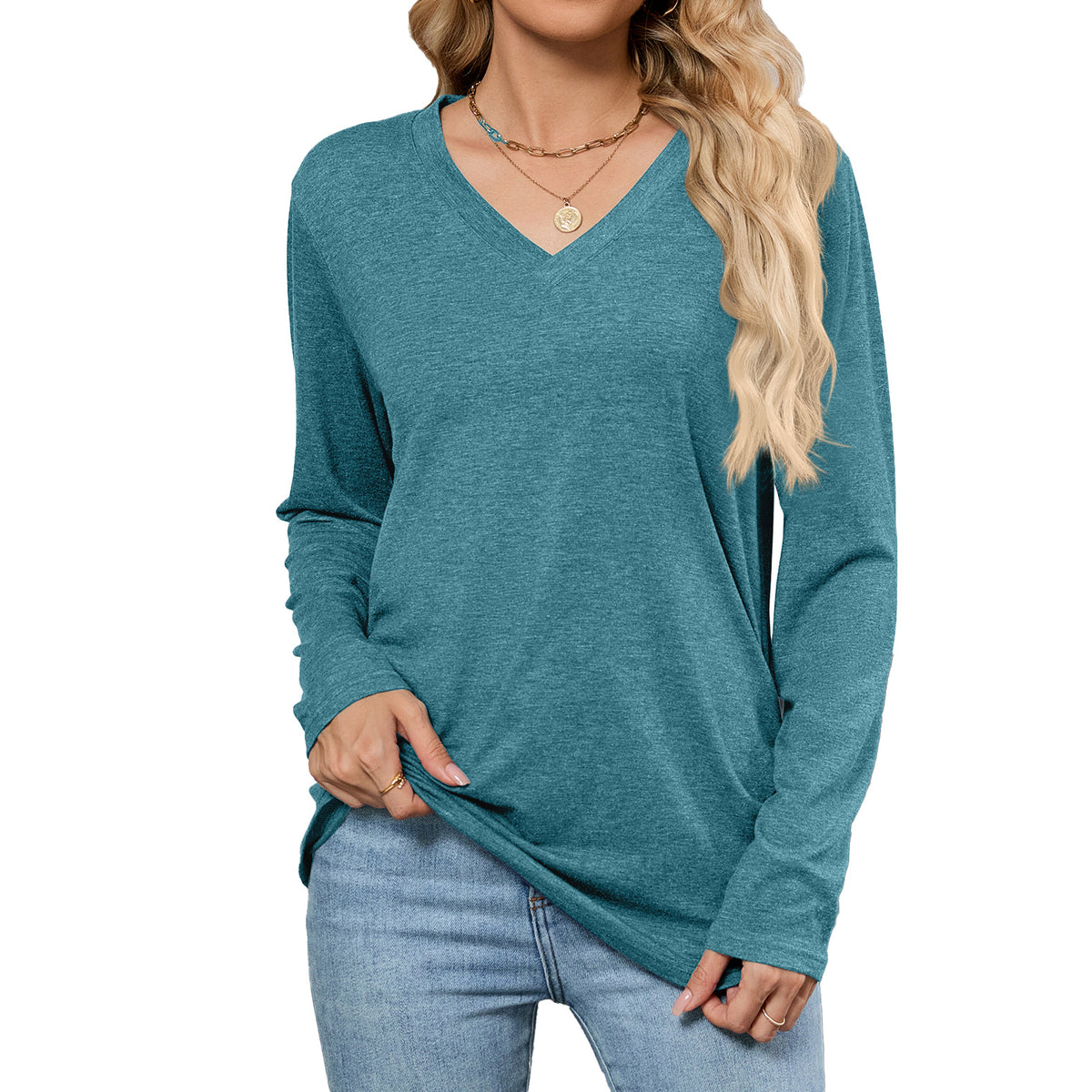 Women's V-Neck Long Sleeve Oversized Tunic Top Shirred