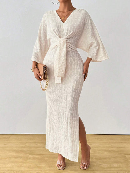 Women's V-Neck Tie Front Ruched Midi Dress with Slit