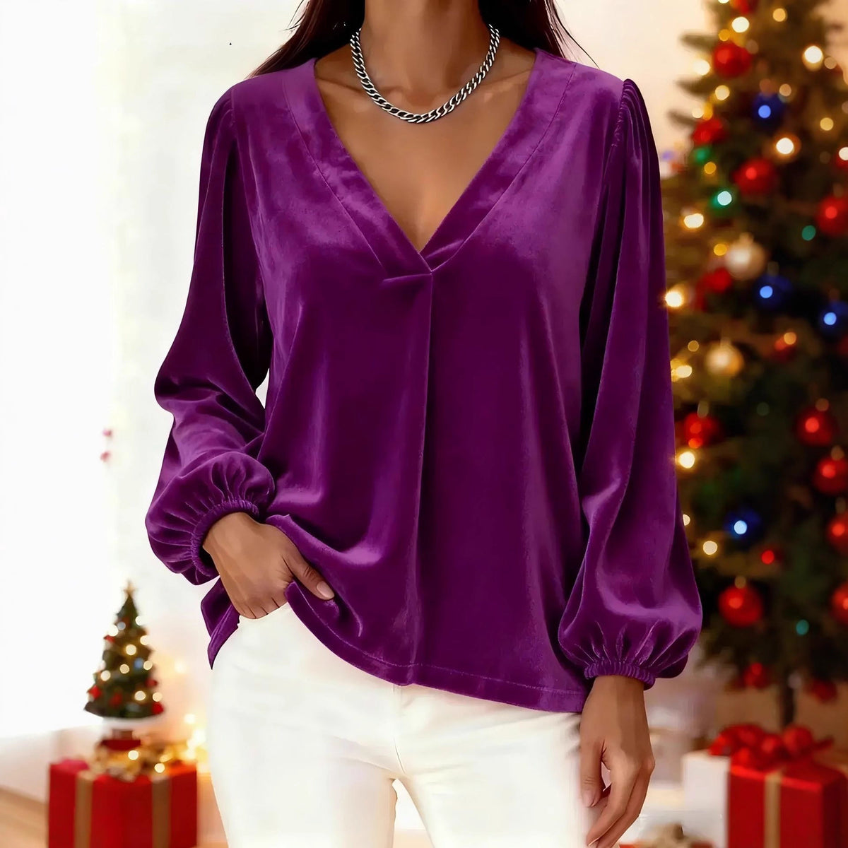 Women's Velvet V-Neck Balloon Sleeve Blouse