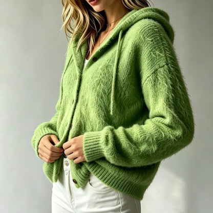 Women's Fuzzy Hooded Cardigan Button Up Soft Sweater