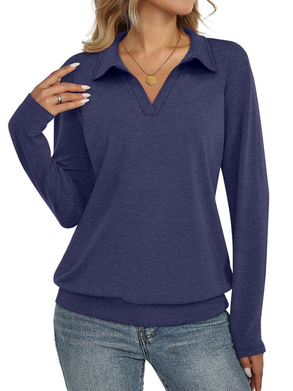 Women's Collared V Neck Long Sleeve Casual Knit Top