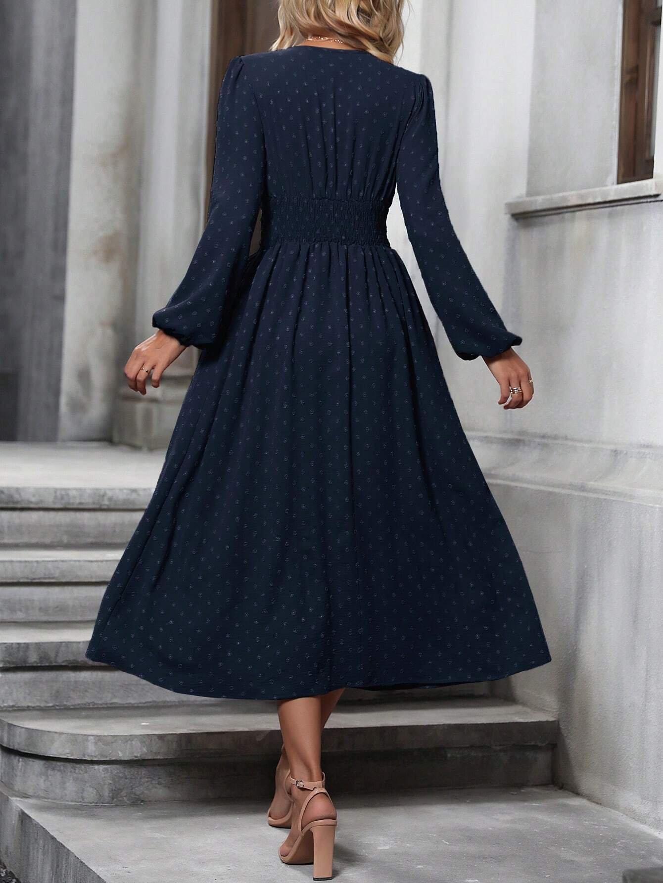 Women's V-Neck Lantern Sleeve Smocked Waist Midi Dress