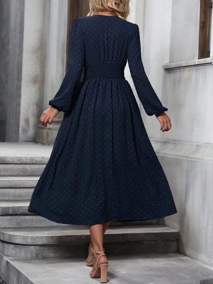 Women's V-Neck Lantern Sleeve Smocked Waist Midi Dress
