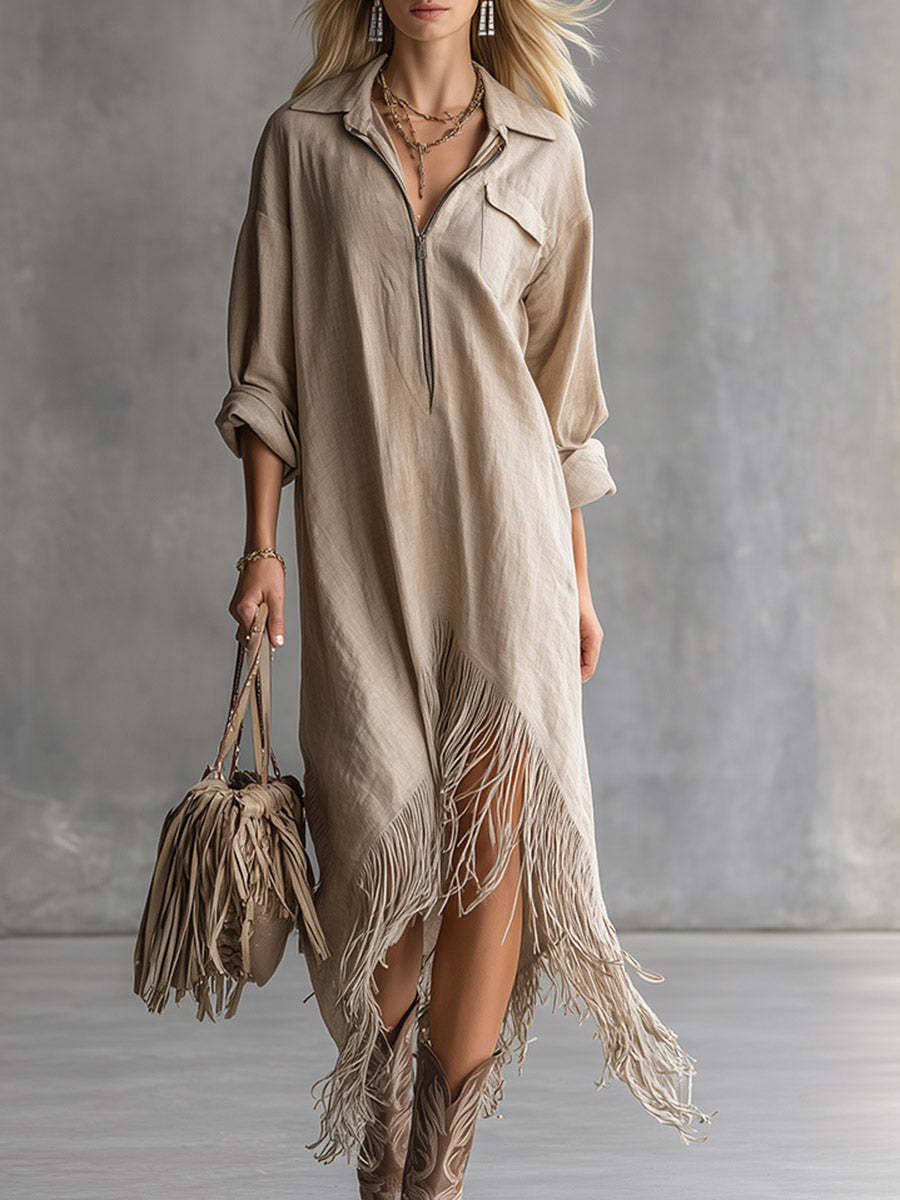 Women's Western Fringe Shirt Dress Asymmetrical Midi Boho