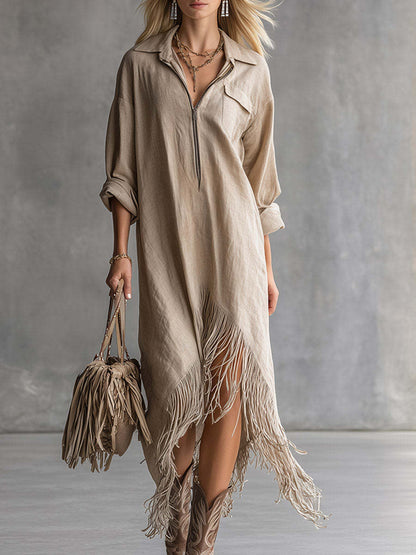 Women's Western Fringe Shirt Dress Asymmetrical Midi Boho