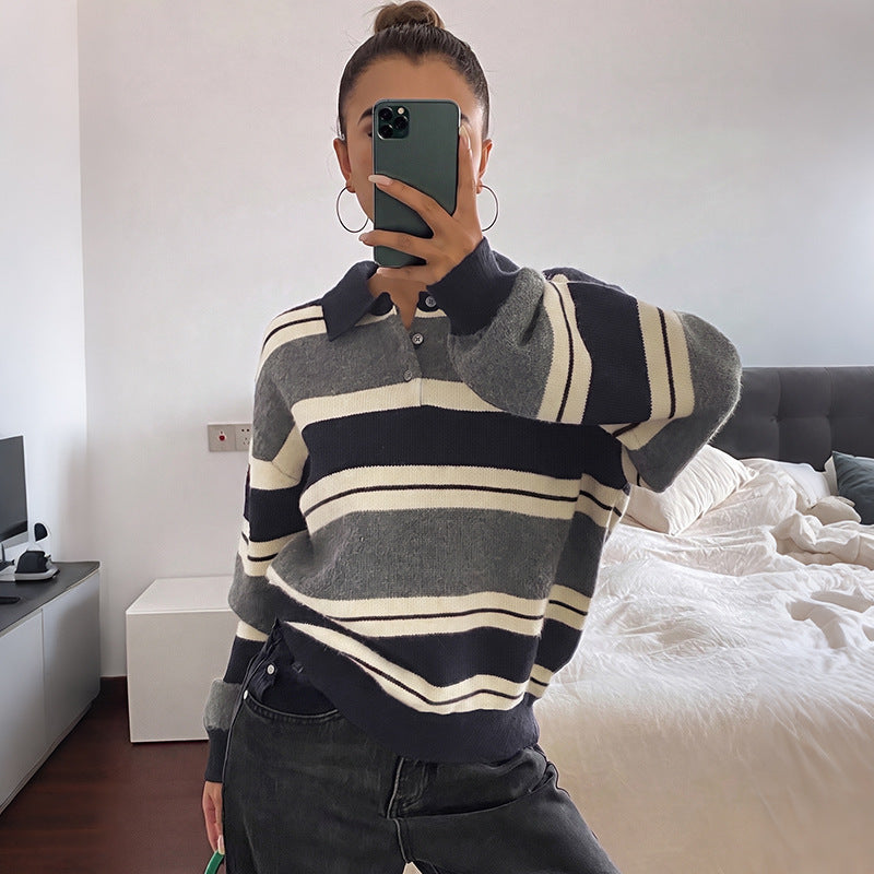 Contrast Striped Polo Collar Relaxed Knit Sweater