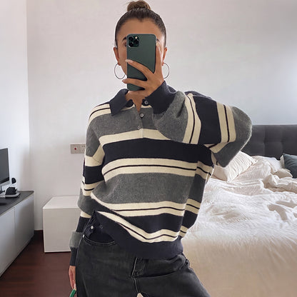 Contrast Striped Polo Collar Relaxed Knit Sweater