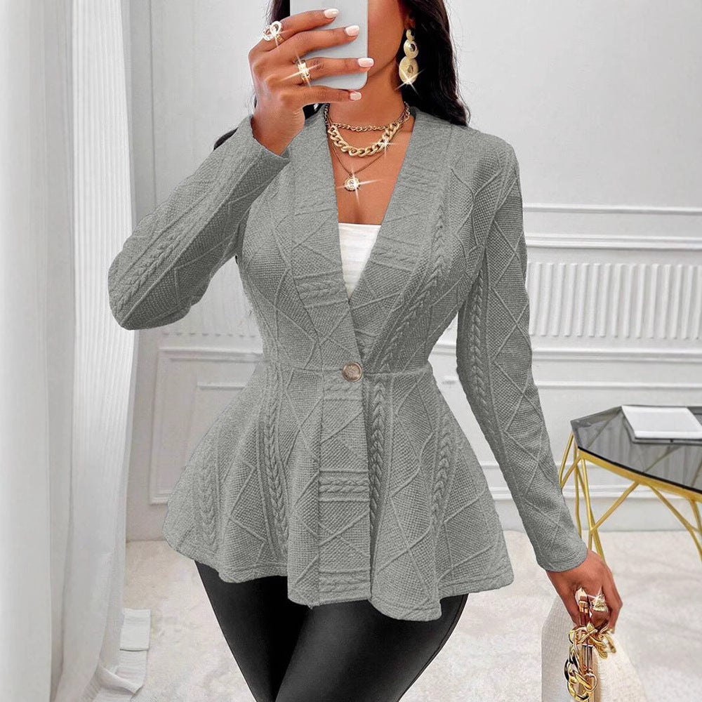 Women's Textured Peplum Blazer One Button Long Sleeve