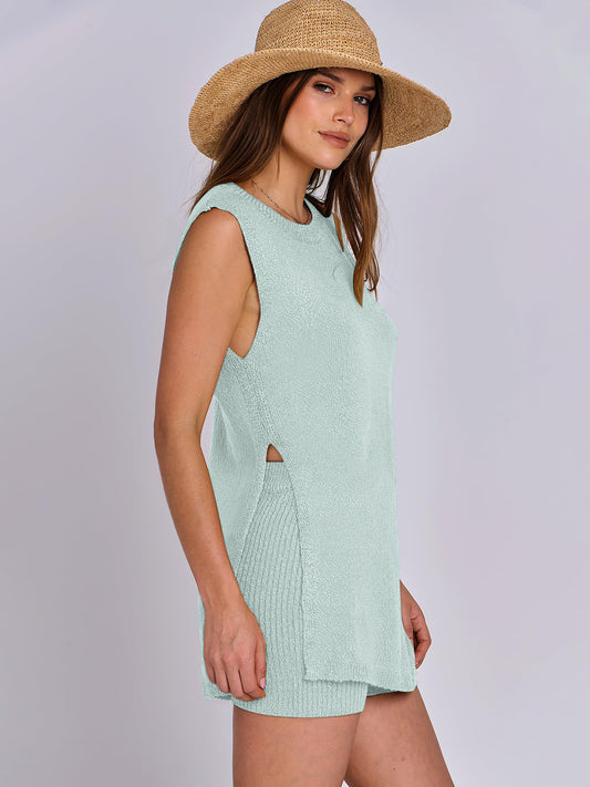 Casual Knit Sleeveless Sweater & Shorts Set