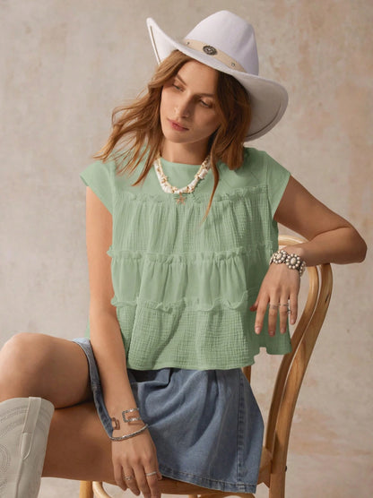 Cotton Tiered Babydoll Blouse Loose Ruffle Summer Top