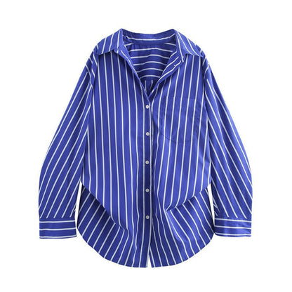 Oversized Striped Collared Shirt Long Sleeve Pocket