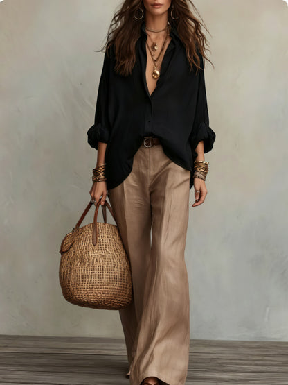 Womens Relaxed Button Down Shirt Wide Leg Pants Set
