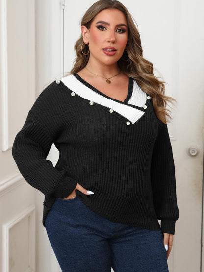 Plus Size V Neck Knit Sweater with Pearl Detail Color Block