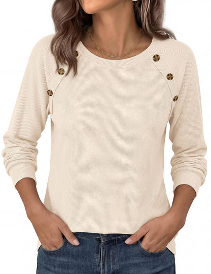 Waffle Knit Button Henley Top Crew Neck Long Sleeve Tee