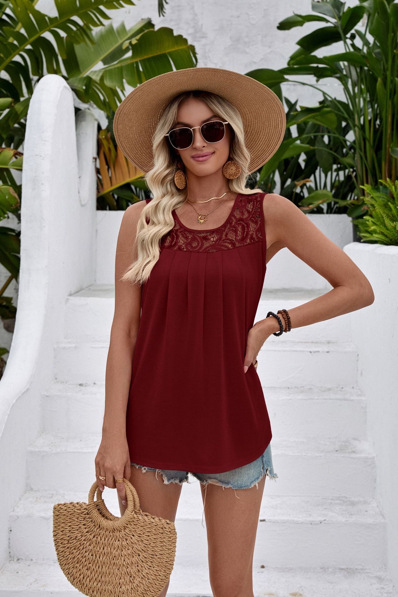 White Lace Yoke Sleeveless Pleated Loose Fit Tank Top