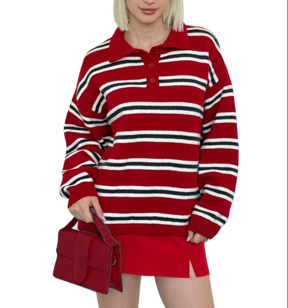 Womens Oversized Striped Polo Sweater Knit Pullover Top