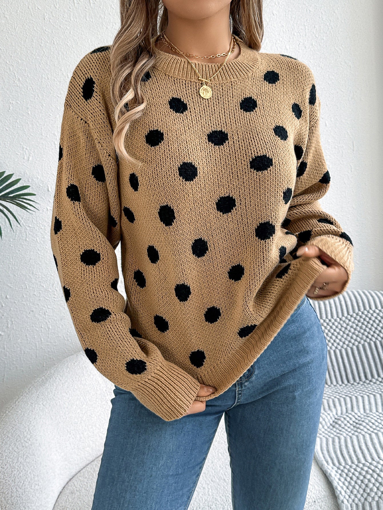 Women's Casual Contrasting Polka Dot Long-sleeved Pullover Sweater