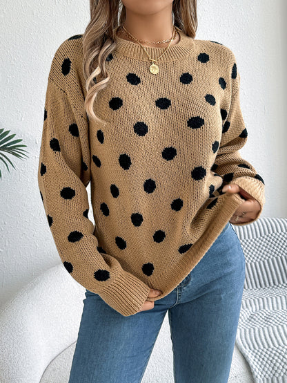 Polka Dot Knit Sweater Long Sleeve Casual Pullover