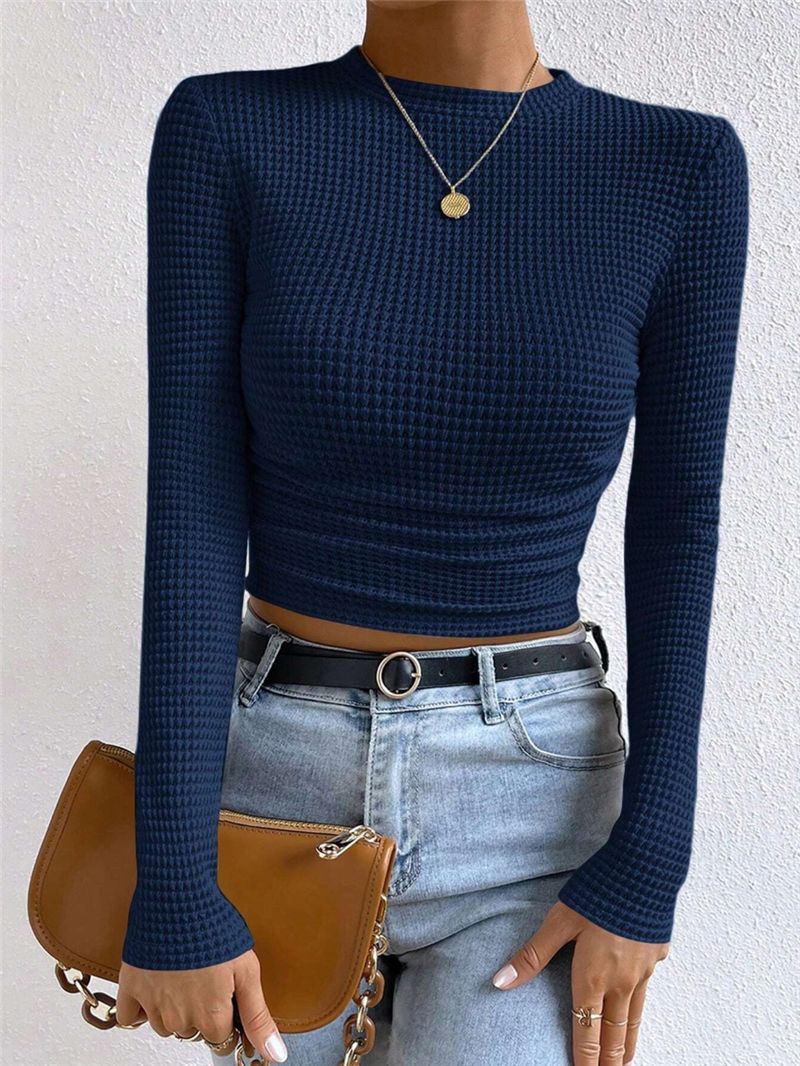 Women's Ruched Waffle Knit Long Sleeve Crop Top