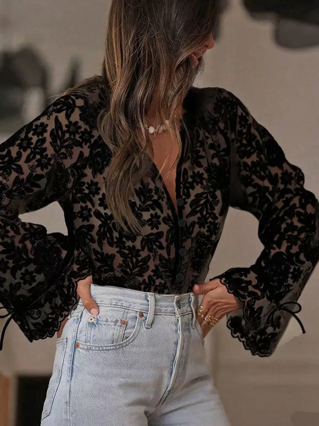 Women's Sheer Floral Lace Blouse Button Up Tie Sleeve