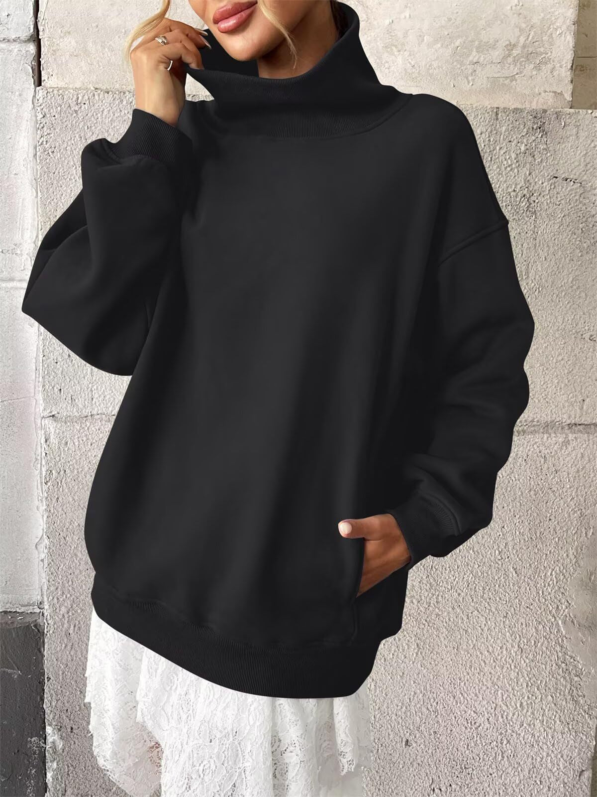 Fleece Mock Neck Oversized Sweatshirt Casual Pullover
