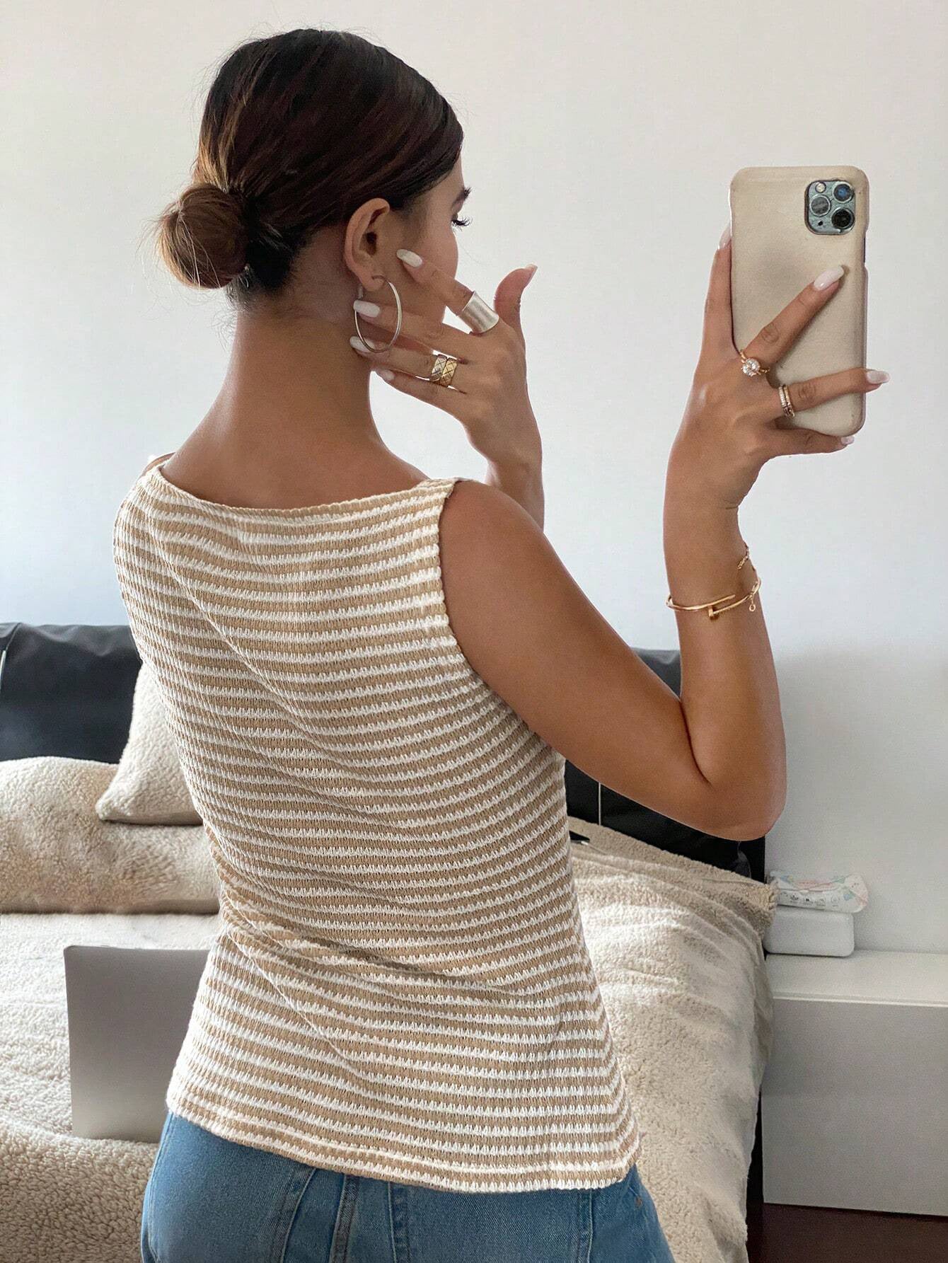 Striped Button Front Sleeveless Tank Summer Top