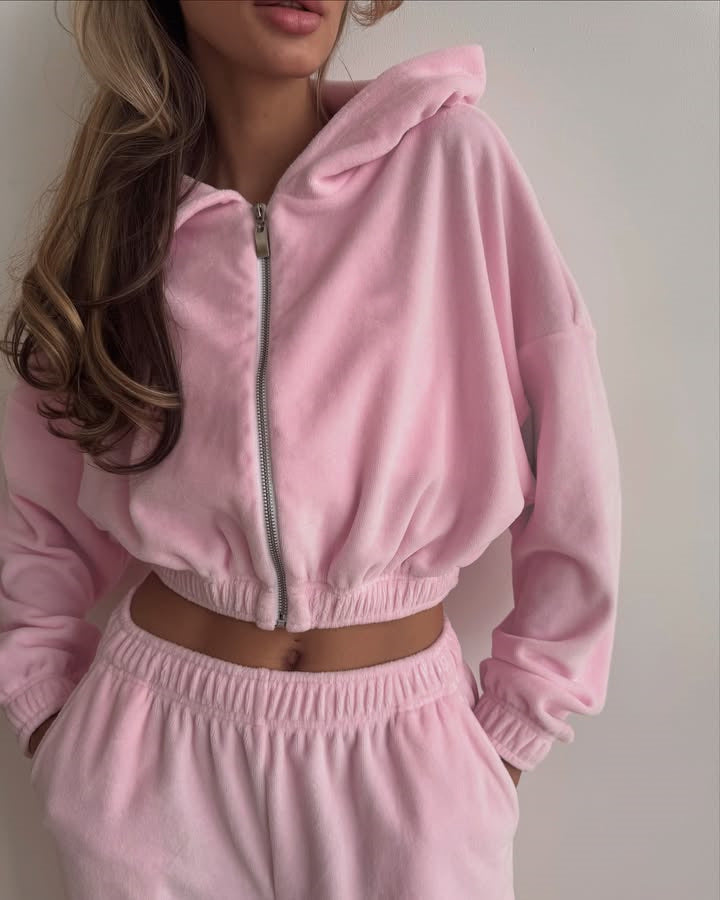 Womens Velvet 2 Piece Set Zip Hoodie Wide Leg Pants