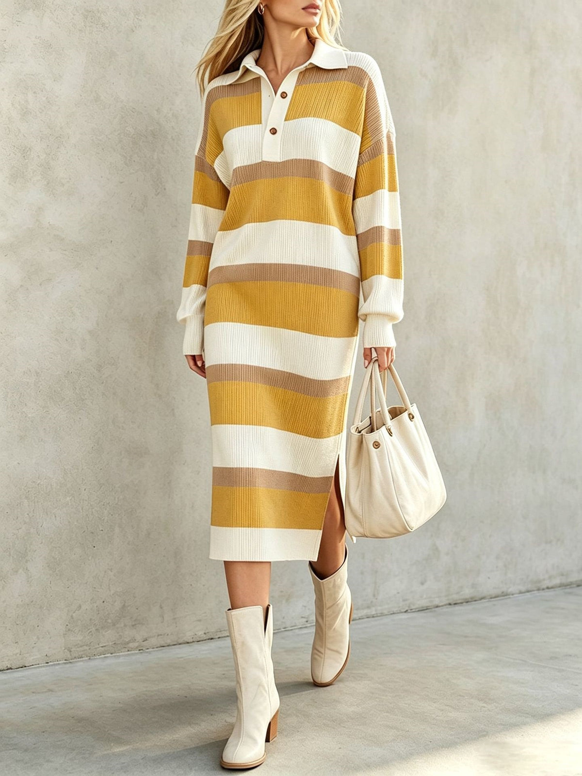Women's Striped Polo Sweater Dress Long Sleeve Midi Slit