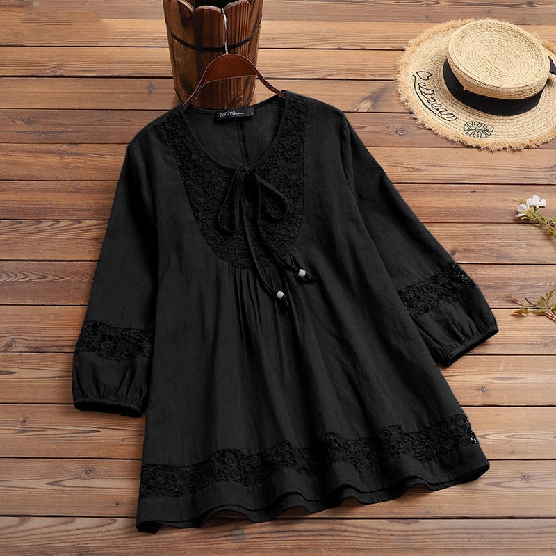 Women's Boho Lace Cotton Linen 3/4 Sleeve Tunic Blouse