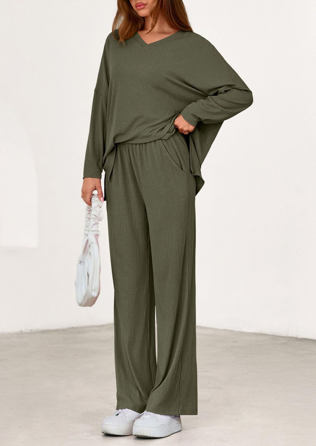Women's Two Piece Ribbed Lounge Set Wide Leg Pants