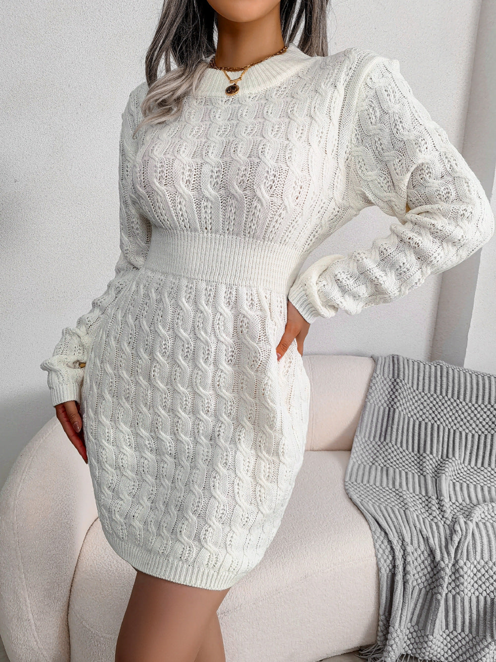 Blue Cable Knit Bodycon Sweater Dress – Fall Winter