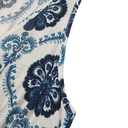 New Summer Women's Belted Waist V-Neck Sleeveless Slit Dress with Ethnic Print