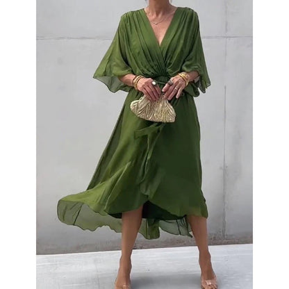 Women's V-Neck Batwing Chiffon Midi Dress Tie Waist Flowy