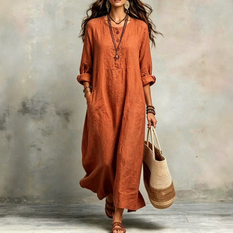 Women's Cotton Linen Maxi Dress Long Sleeve with Pockets