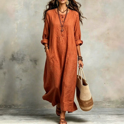 Women's Cotton Linen Maxi Dress Long Sleeve with Pockets