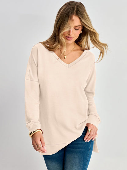 Waffle Knit Top V Neck Side Slit Relaxed Fit